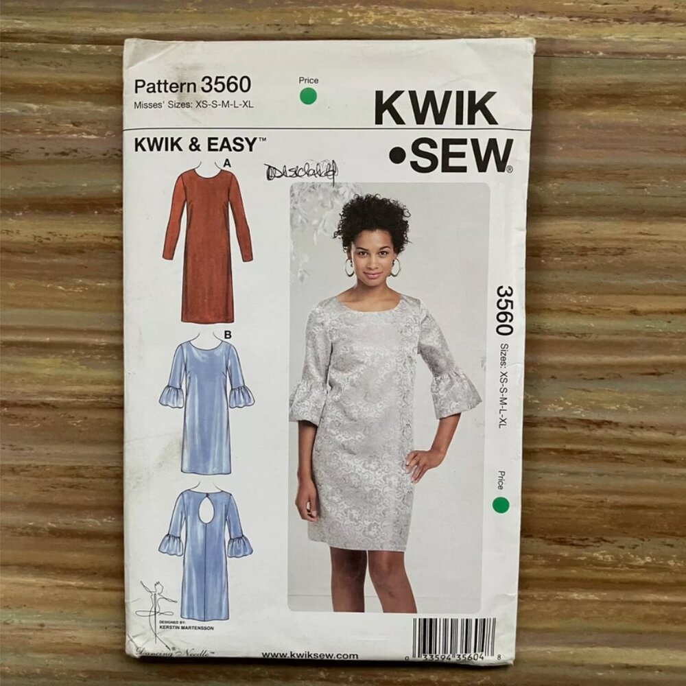 UNCUT Sewing Pattern Kwik Sew 3560 Straight Dress Round Neck Misses XS-XL